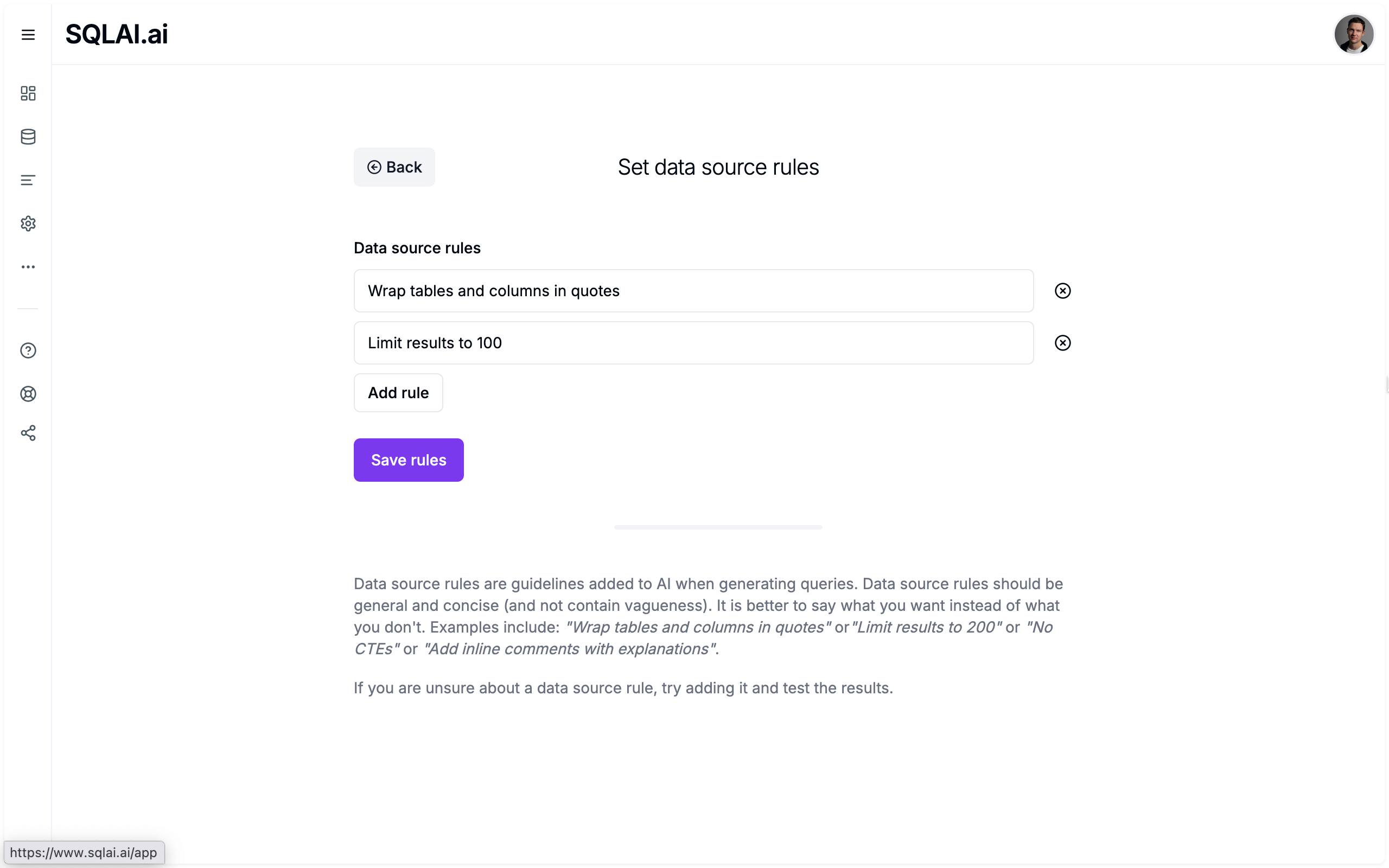 Set data source rules on SQLAI.ai