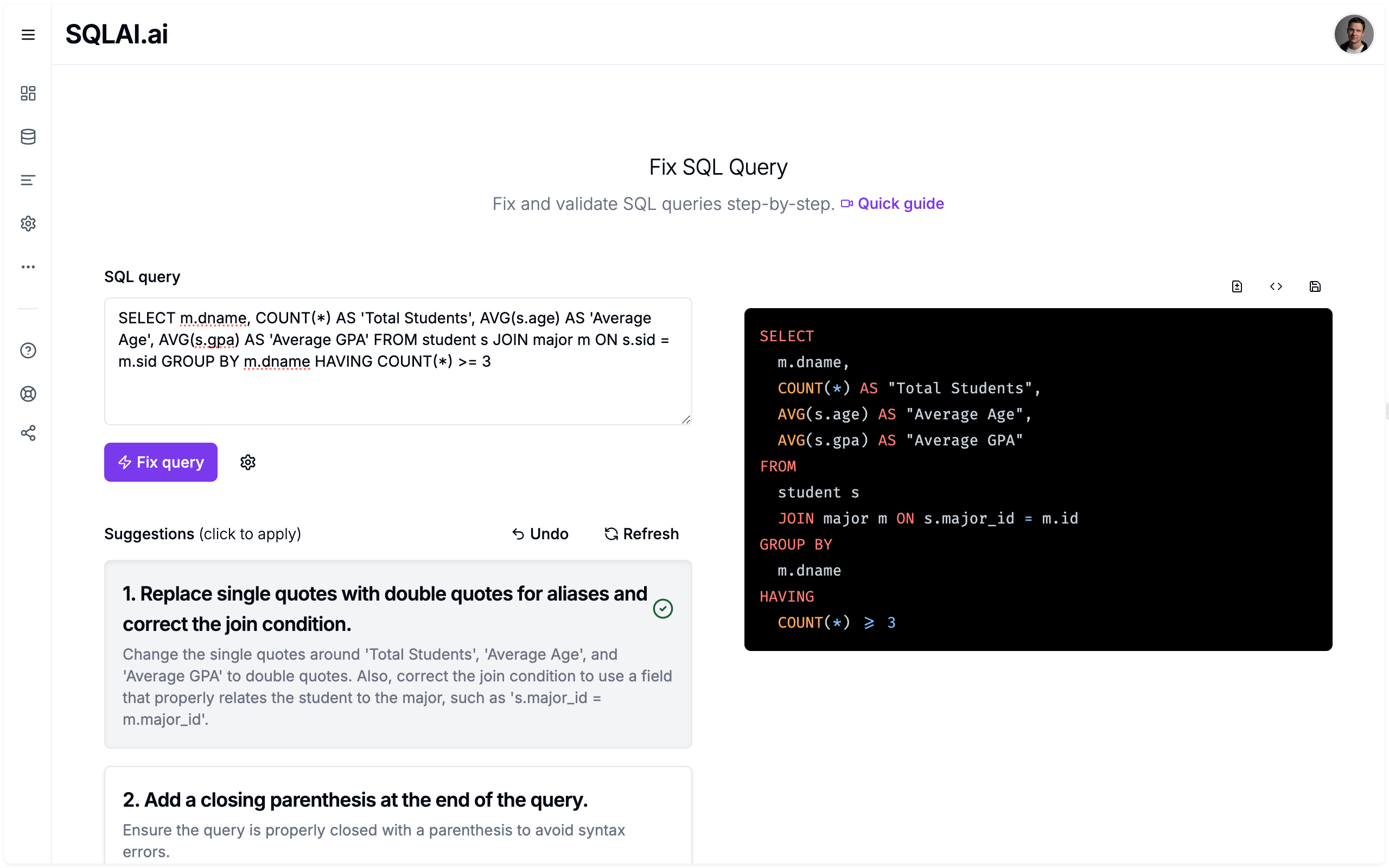 Fix and validate SQL with AI