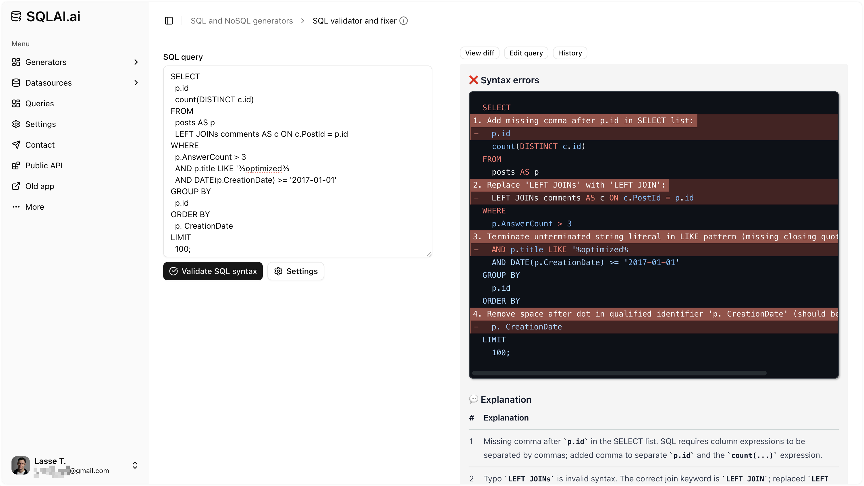 Fix and validate SQL with AI.